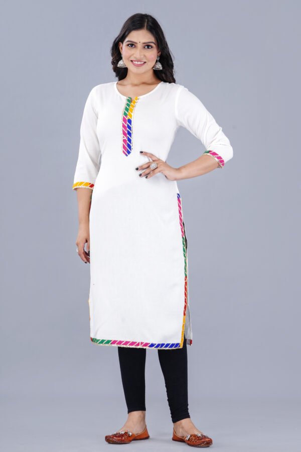white rayon straight kurta with multicolor gota lace