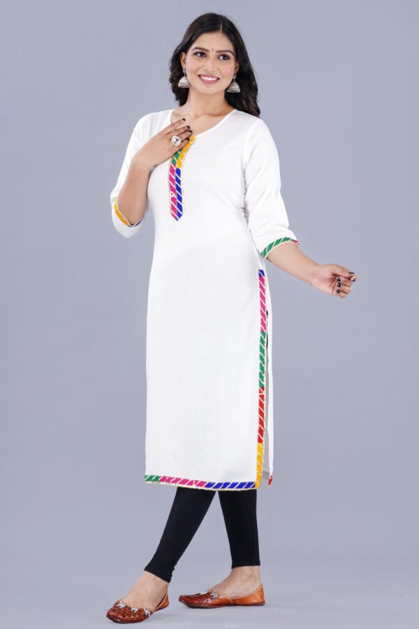 white rayon straight kurta with multicolor gota lace