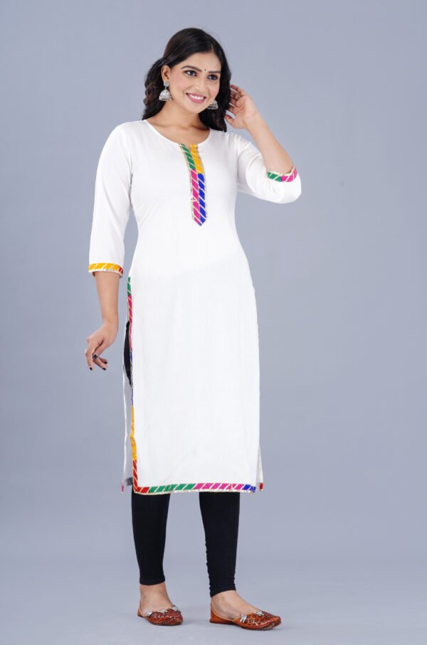 white rayon straight kurta with multicolor gota lace