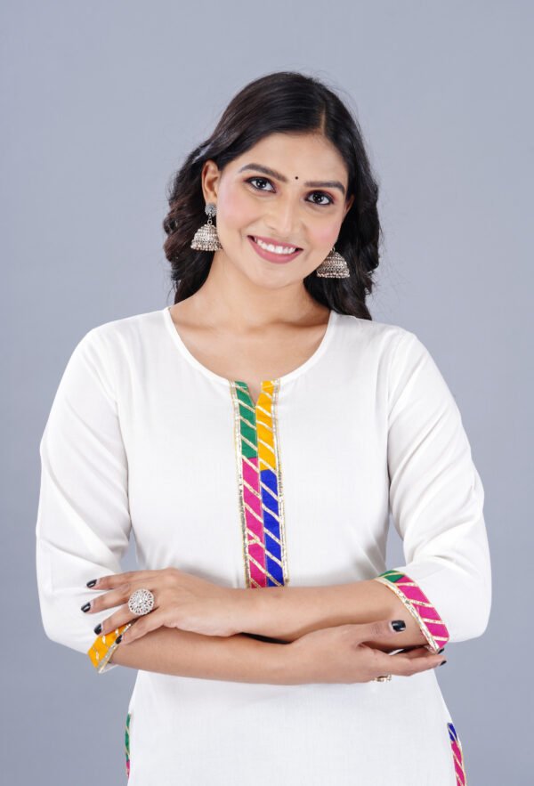 white rayon straight kurta with multicolor gota lace