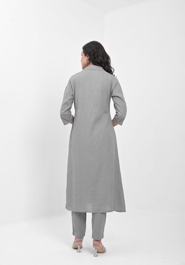 women’s solid grey viscose rayon front slit kurta with matching pants – button detailed