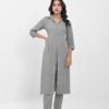 women’s solid grey viscose rayon front slit kurta with matching pants – button detailed