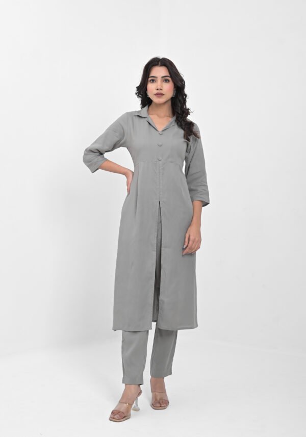 women’s solid grey viscose rayon front slit kurta with matching pants – button detailed