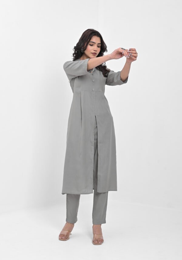 women’s solid grey viscose rayon front slit kurta with matching pants – button detailed