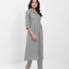 women’s solid grey viscose rayon front slit kurta with matching pants – button detailed