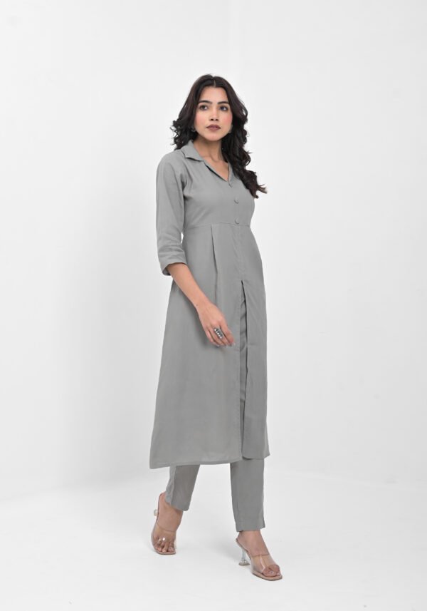 women’s solid grey viscose rayon front slit kurta with matching pants – button detailed