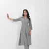 women’s solid grey viscose rayon front slit kurta with matching pants – button detailed