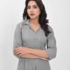 women’s solid grey viscose rayon front slit kurta with matching pants – button detailed