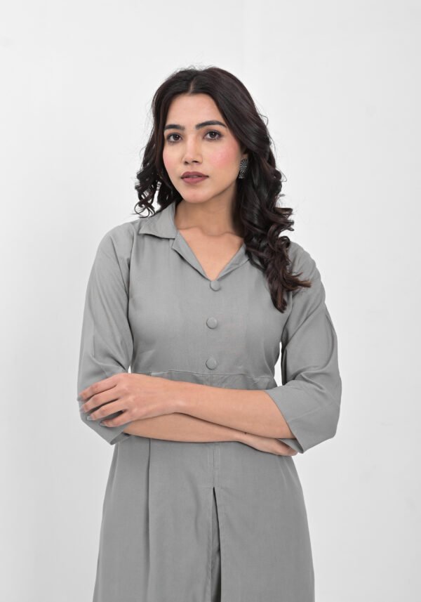 women’s solid grey viscose rayon front slit kurta with matching pants – button detailed