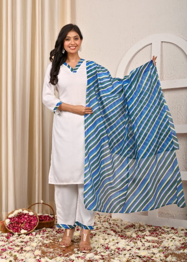 white rayon v neck kurta pant set with striped dupatta
