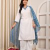white rayon v neck kurta pant set with striped dupatta