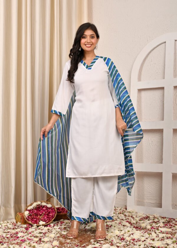 white rayon v neck kurta pant set with striped dupatta