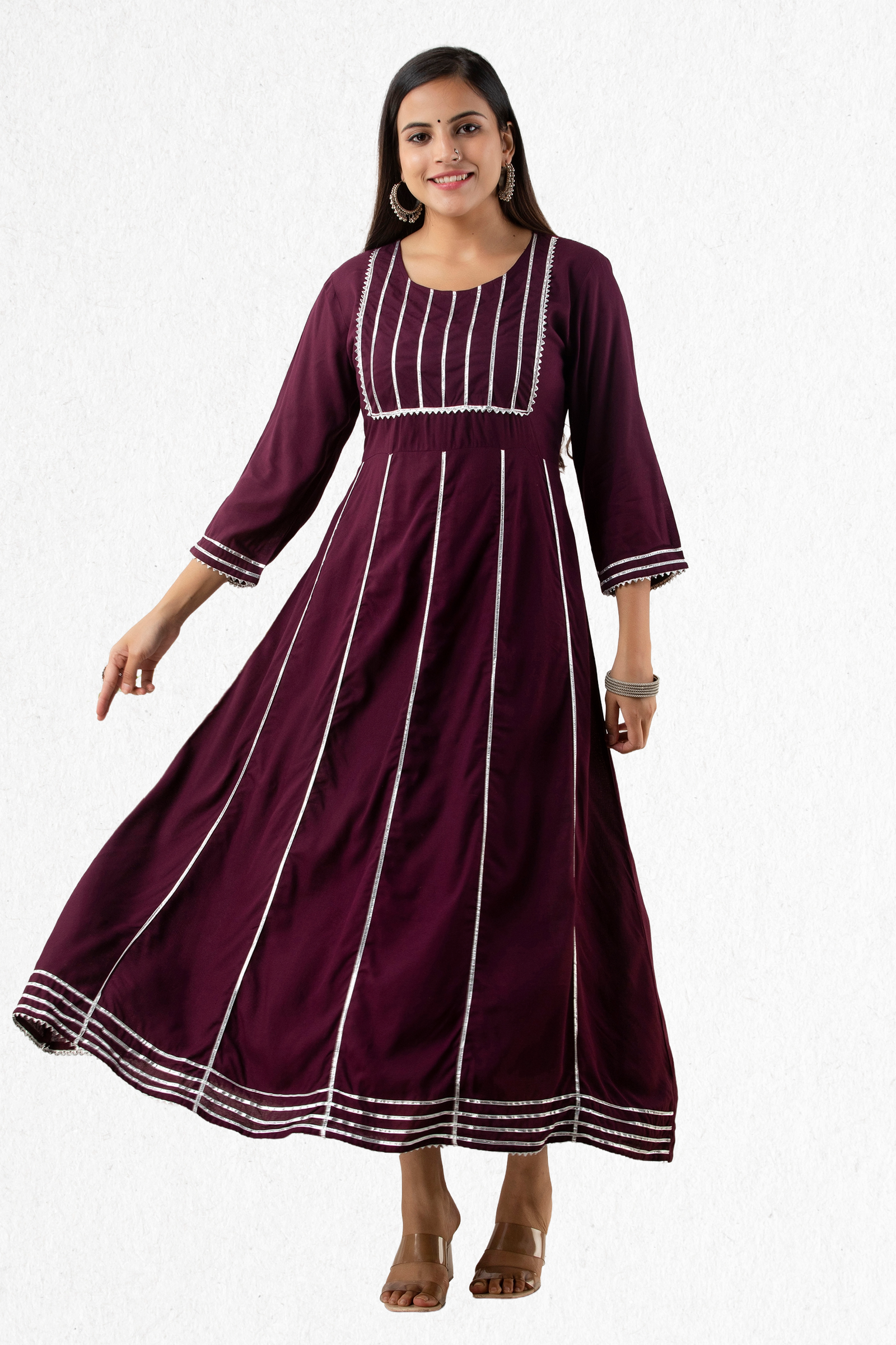 wine viscose rayon gotta patti anarkali party gown