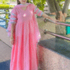 baby pink rayon 3 tier flared gown with lace dupatta