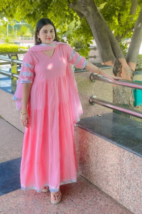 baby pink rayon 3 tier flared gown with lace dupatta