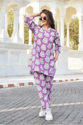 Floral Print Lavender Co-ords Set with Pockets floral print lavender co ords set with pockets