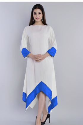 hemangi white rayon asymmetric hem kurta with blue contrast