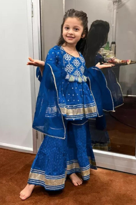 Girls Blue Rayon Bandhni Kurta Sharara Dupatta Set girls blue rayon bandhni kurta sharara dupatta set