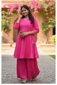 womens-solid-pink-rayon-flared-pink-kurta-with-sharara-set-v-neck-casual-wear-with-gota-patti-lace-detailing