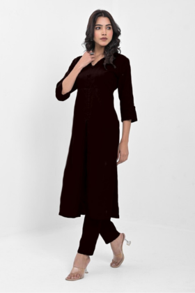 Women’s Solid BLACK Viscose Rayon Front-Slit Kurta with Matching Pants – Button-Detailed women’s solid black viscose rayon front slit kurta with matching pants – button detailed