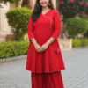 women’s solid red rayon flared kurta with sharara set – v neck casual wear with gota patti lace detailing