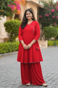 womens-solid-red-rayon-flared-kurta-with-sharara-set-v-neck-casual-wear-with-gota-patti-lace-detailing