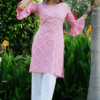 women’s floral print pink rayon kurta with white pants – round neck bell sleeve casual wear set