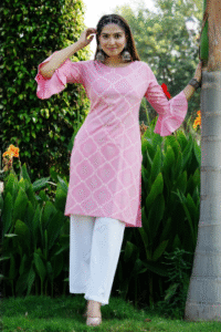 womens-floral-print-pink-rayon-kurta-with-white-pants-round-neck-bell-sleeve-casual-wear-set