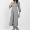 women’s solid grey viscose rayon front slit kurta with matching pants – button detailed