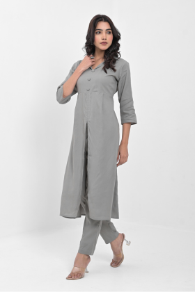 women’s solid grey viscose rayon front slit kurta with matching pants – button detailed