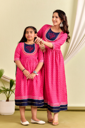 hemangi mother & daughter embroidered yoke pink rayon gold print combo kurti dress