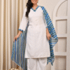 white rayon v neck kurta pant set with striped dupatta