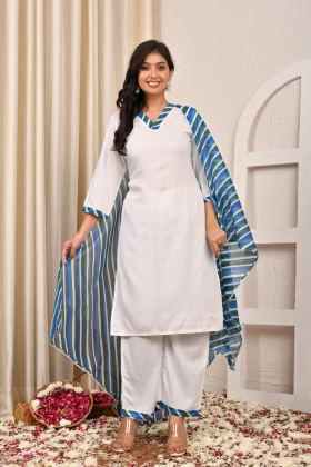 white rayon v neck kurta pant set with striped dupatta