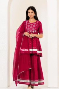 womens-red-bandhani-print-rayon-kurta-with-sharara-dupatta-set-zari-embroidered-party-wear-with-tassel-detailing