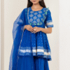 women’s blue bandhani print rayon kurta with sharara & dupatta set – zari embroidered party wear with tassel detailing