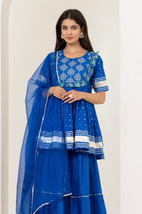 women’s blue bandhani print rayon kurta with sharara & dupatta set – zari embroidered party wear with tassel detailing