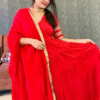red rayon 3 tier flared gown with lace dupatta