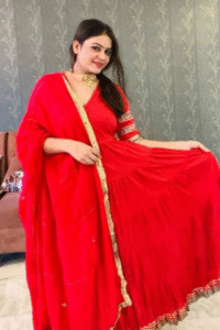 red rayon 3 tier flared gown with lace dupatta