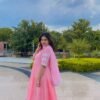 baby pink rayon 3 tier flared gown with lace dupatta