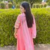 baby pink rayon 3 tier flared gown with lace dupatta