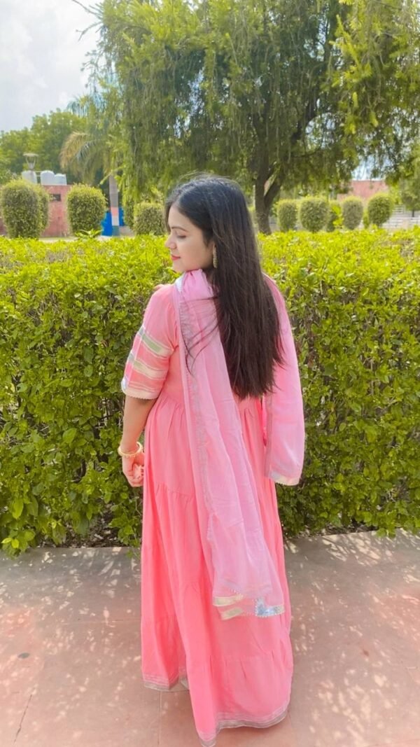 baby pink rayon 3 tier flared gown with lace dupatta