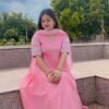baby pink rayon 3 tier flared gown with lace dupatta