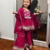 girls red rayon bandhni kurta sharara dupatta set