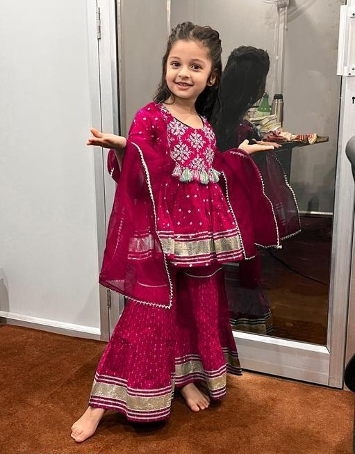 girls red rayon bandhni kurta sharara dupatta set