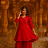 women’s solid red rayon flared kurta with sharara set – v neck casual wear with gota patti lace detailing
