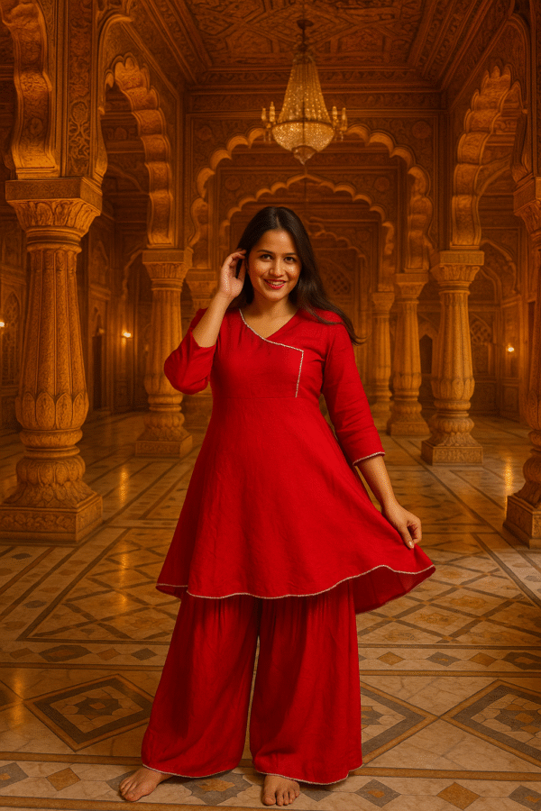 women’s solid red rayon flared kurta with sharara set – v neck casual wear with gota patti lace detailing