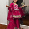 girls red rayon bandhni kurta sharara dupatta set