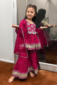 girls-red-rayon-bandhni-kurta-sharara-dupatta-set