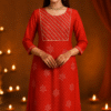 red rayon bandhani print kurti with gota lace work