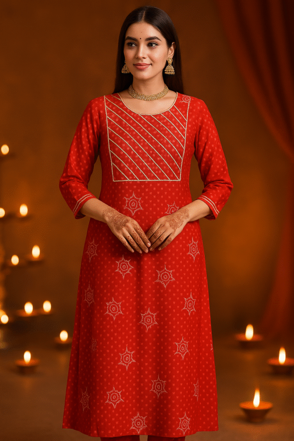 red rayon bandhani print kurti with gota lace work